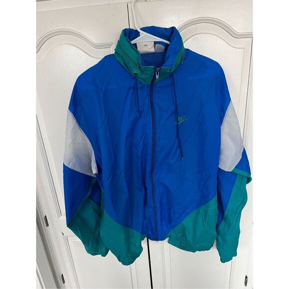 Vintage Nike Hooded Vented Windbreaker Blue Green White Mens size L VTG 90s - Picture 1 of 9